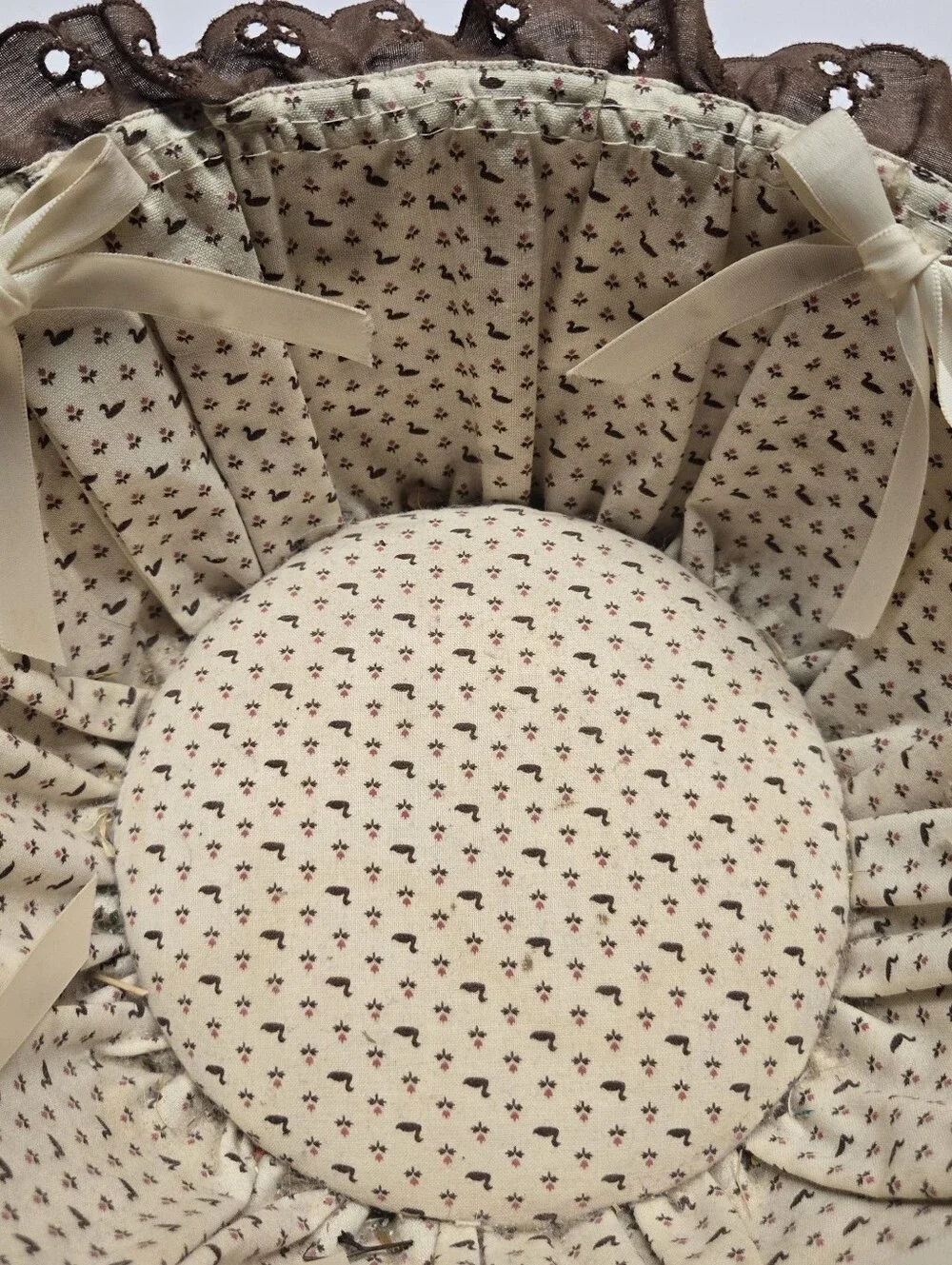 Handmade Cream & Brown Fabric Bread Basket with Ribbon Ties